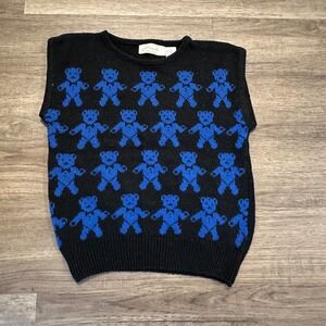 Margules Vintage Teddy Bear Intarsia Silk Angora Knit Sweater Vest Black Blue M